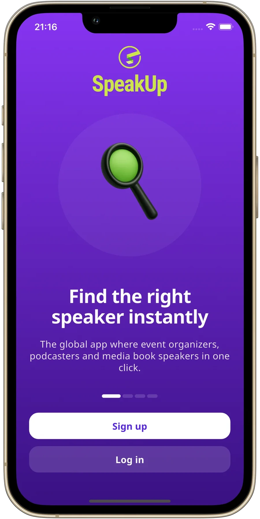 SpeakUp app on iPhone showing AI-matched speakers for an event