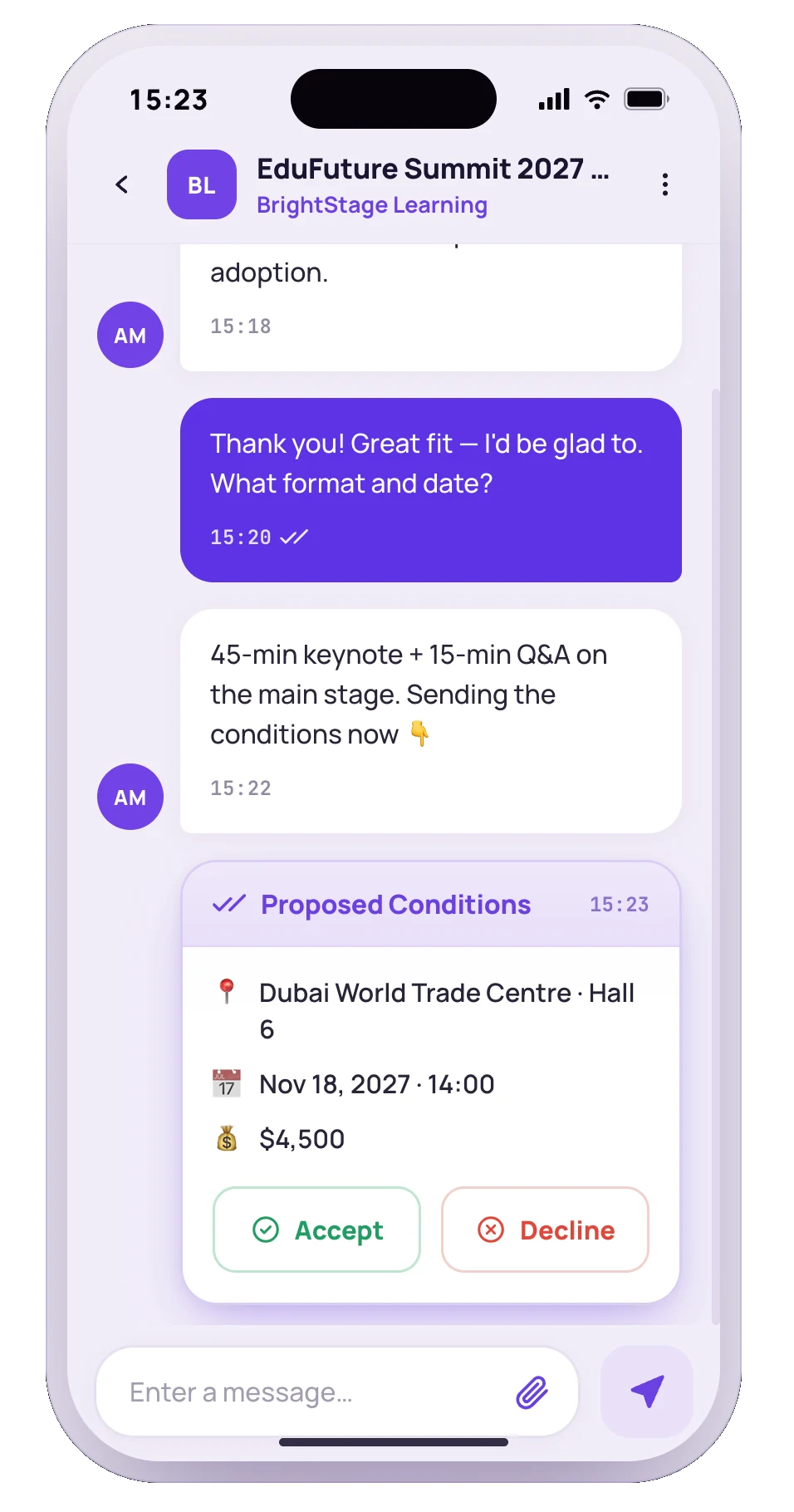 SpeakUp app chat screen for negotiating and booking a speaker