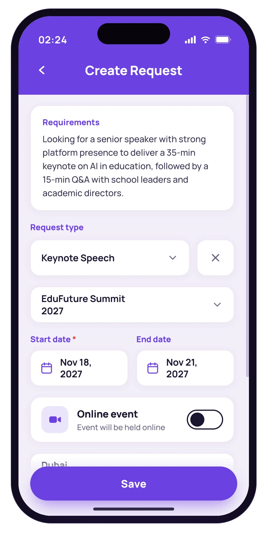 SpeakUp app screen for creating a speaker request