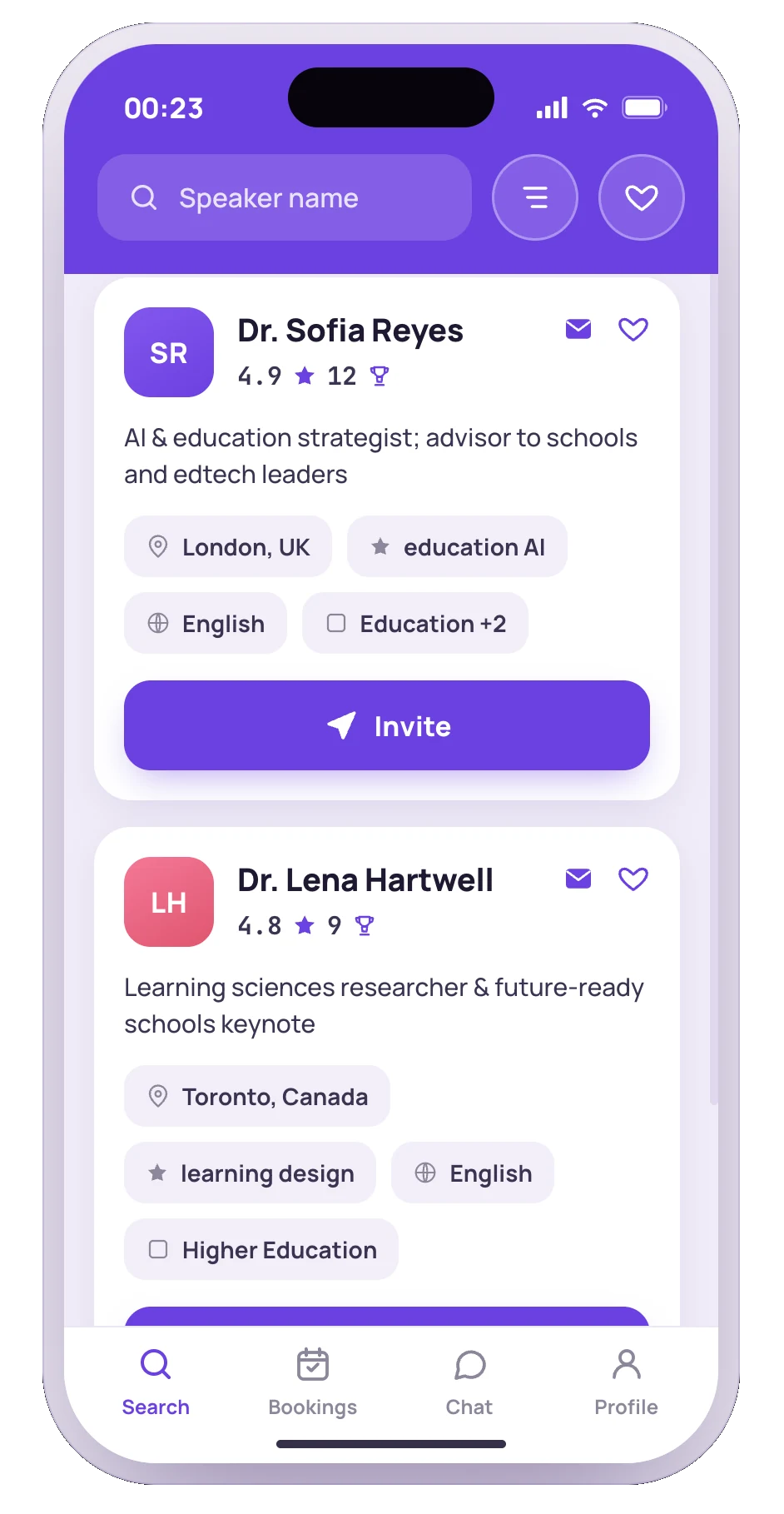 SpeakUp app screen showing AI-matched speaker search results